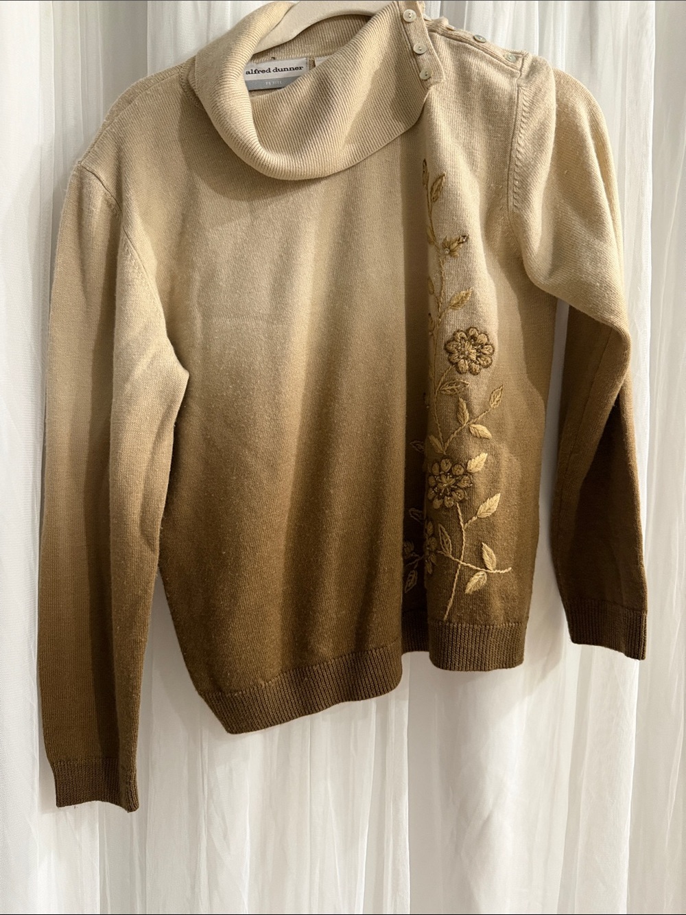 Alfred Dunner Beige to Brown Ombre Cowl Neck Sweater with Floral Embroidery